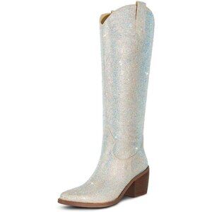 ✨ Wetkiss Cowgirl Boots Women Silver Faux Leather Knee High Comfort Fashion Boot